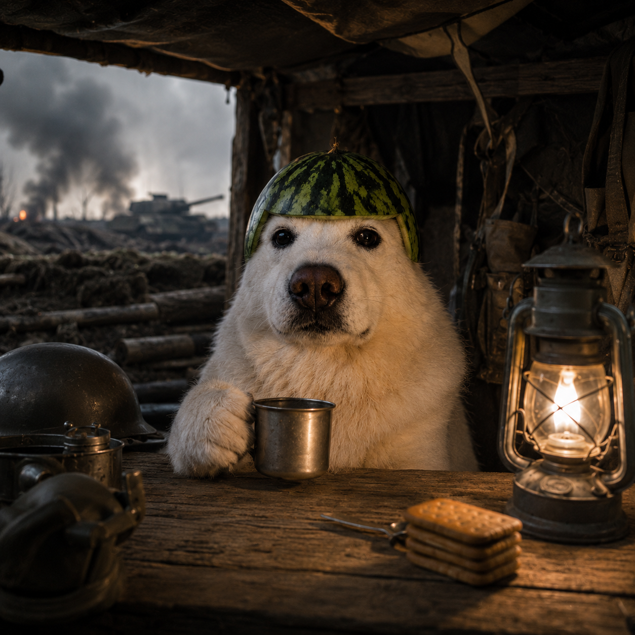 The dog at a table in a dugout with a lantern and biscuits