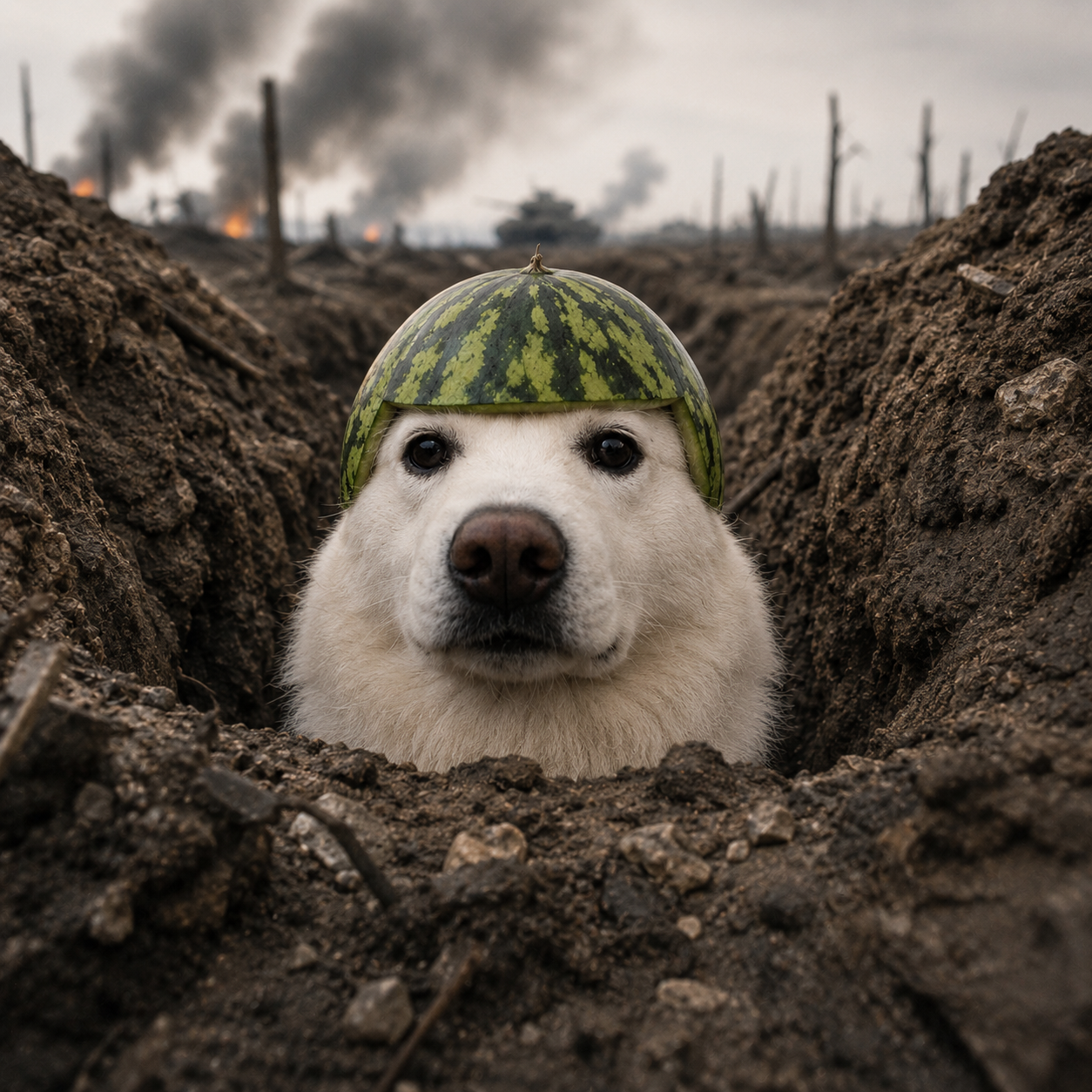 The dog looking out of a shell crater