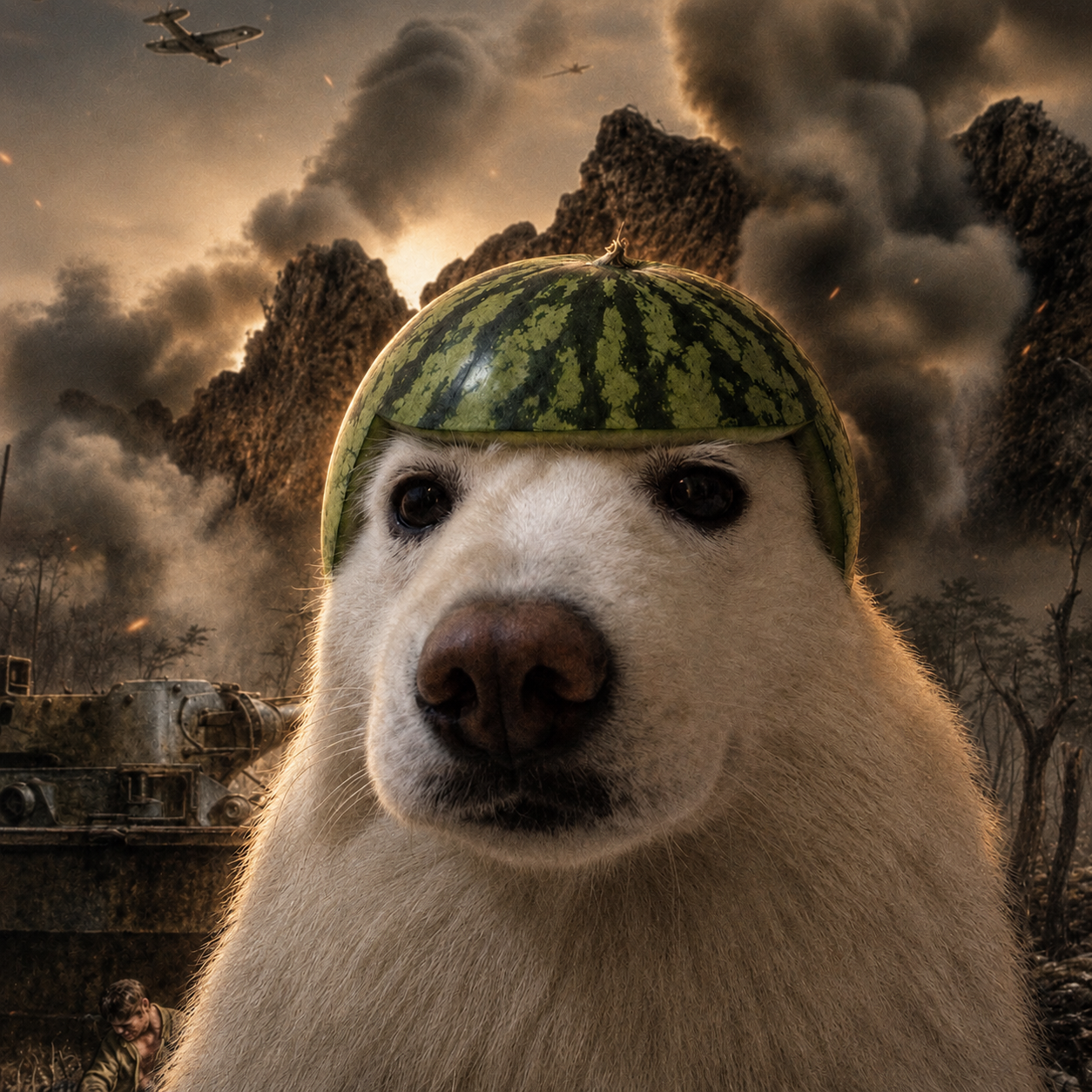The dog in front of a burning treeline