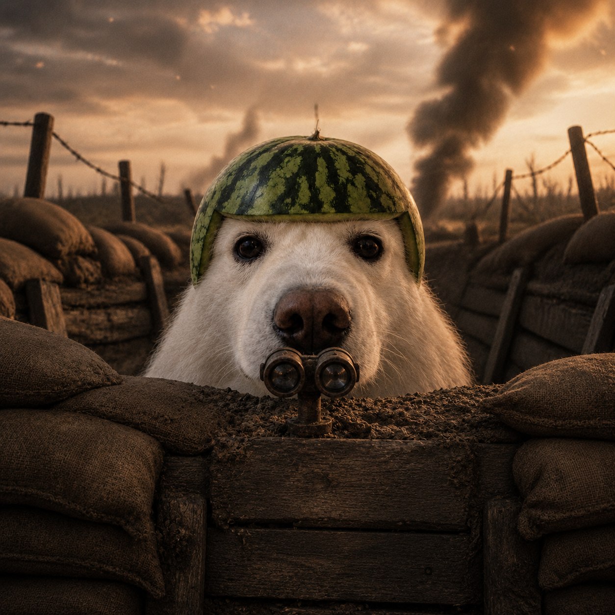 The dog behind a trench periscope on the sandbags